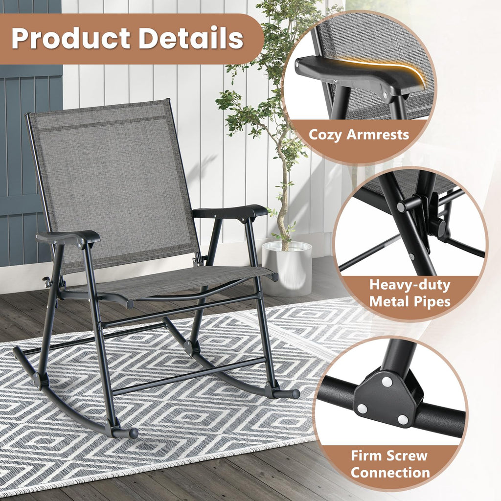 Folding Rocking Chairs Set of 4, Patio Rockers with Breathable Seat Fabric & Sturdy Metal Frame, Smooth Rocking