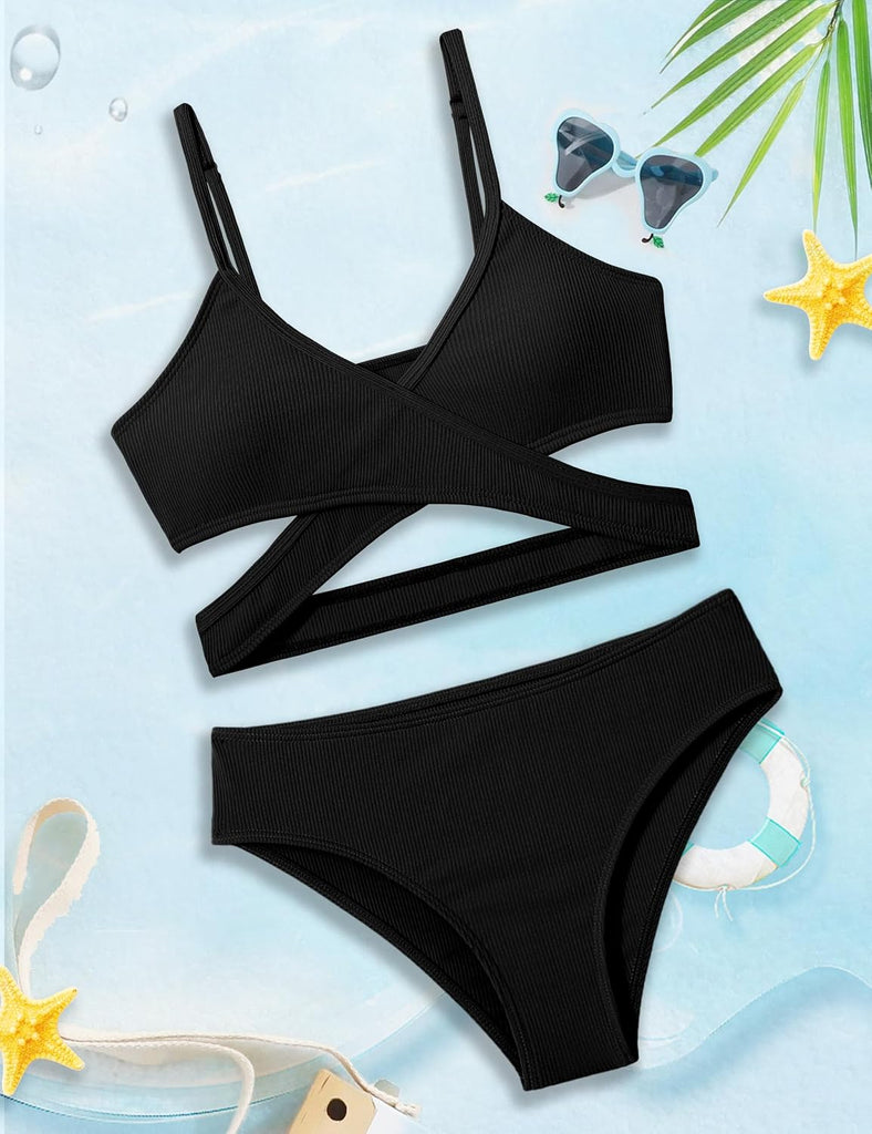 Girls Swimsuit Bikini Set,Criss Cross Bathing Suits for Girl Two Piece Solid Color Girls' Swimwear
