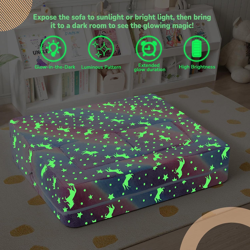 Glow in Dark Rainbow Kids Couch, Modular Fold Out Play Sofa