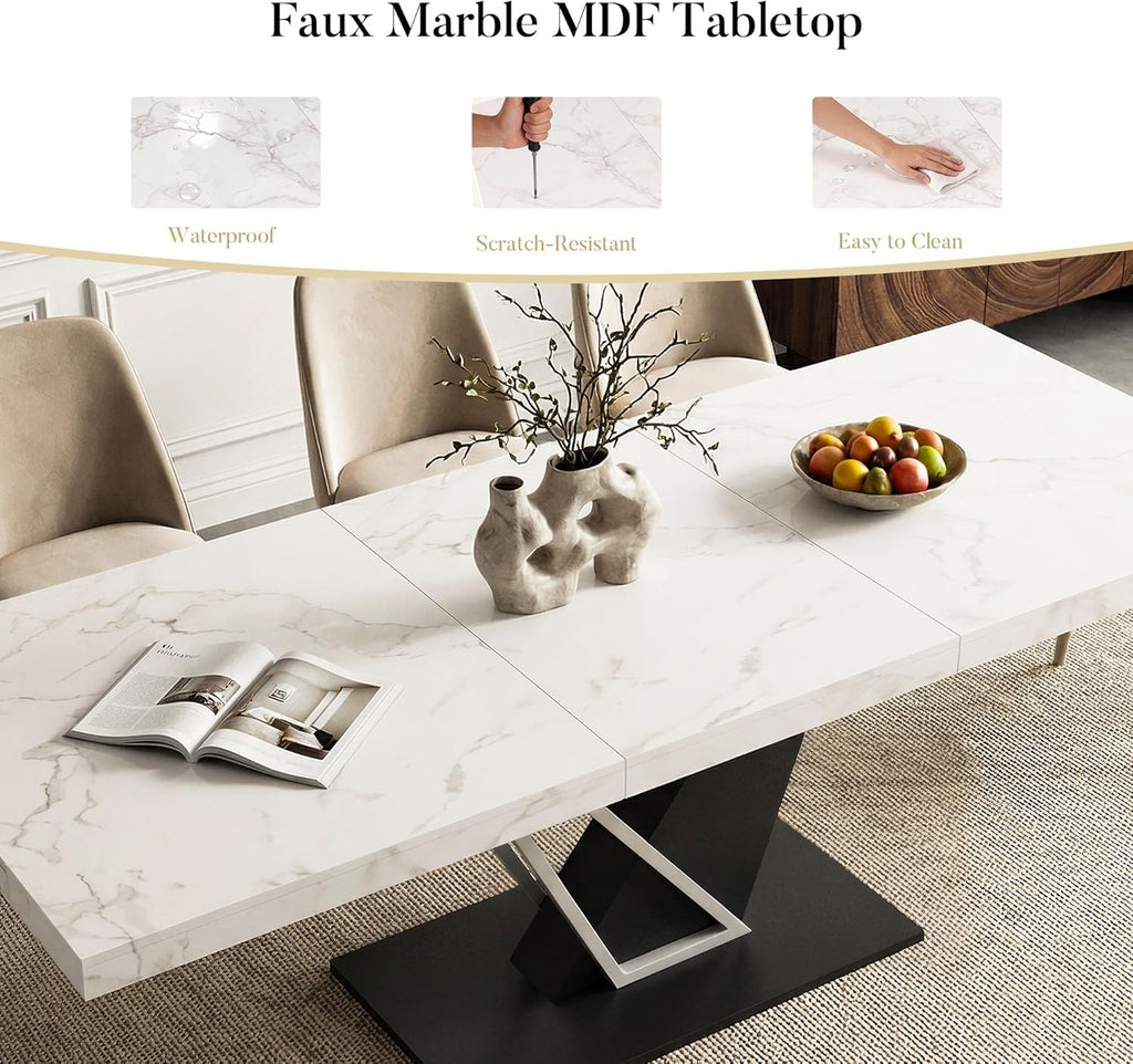 59'' to 78.7'' Extendable Dining Table for 4-8, Faux Marble Expandable Kitchen Table with Sturdy Metal Base