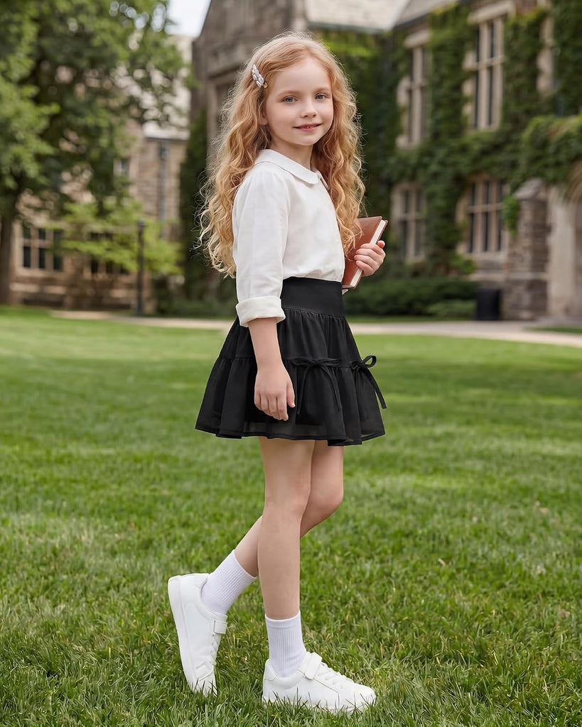 Girls Tiered Skirt with Built-in Shorts, Pockets & Bows