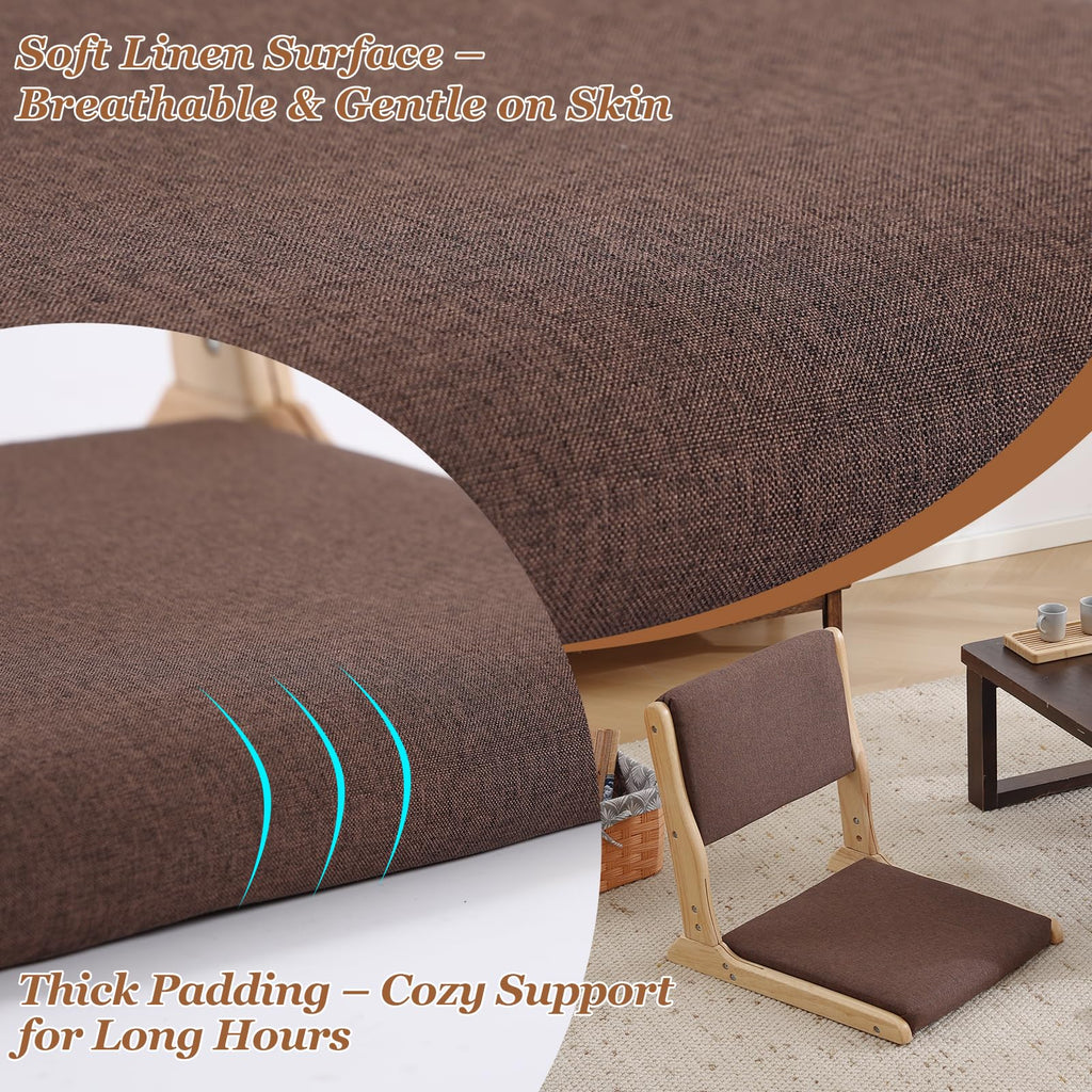 Foldable Floor Chair with Back Support, Wood Brown, No Assembly