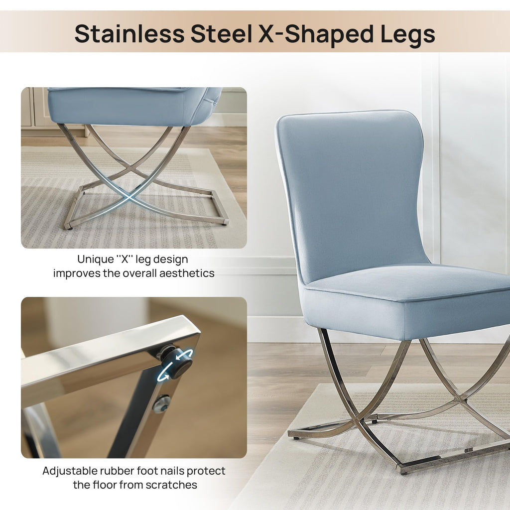 Luxury Velvet Dining Chairs, Tufted Upholstered Armless Accent Chairs with Silver Metal X-Legs, Modern Glam Dining