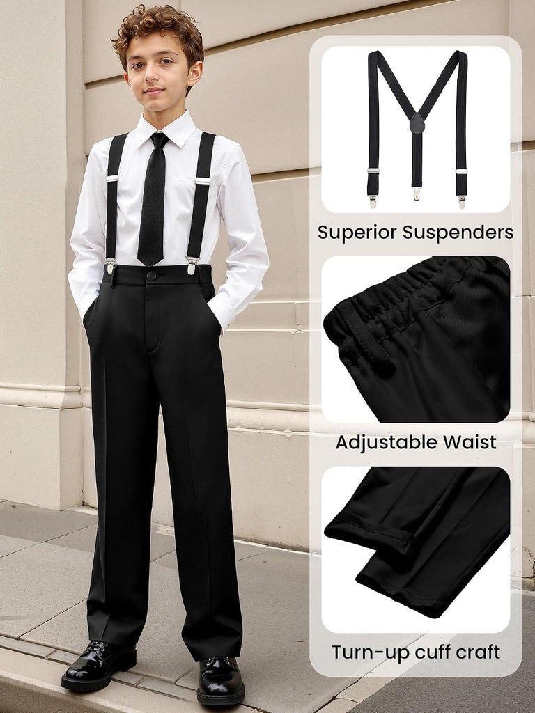 Boys' Formal Suits Set Dresswear Tuxedo Suit Adjustable Waist with Suspenders Teen Boy Dress Clothes
