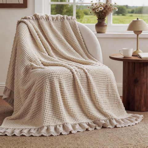 Waffle Weave Blanket 43" x 63" 100% Cotton Neutral Boho Farmhouse Woven Knitted Beige Throw with Ruffles Warm Soft