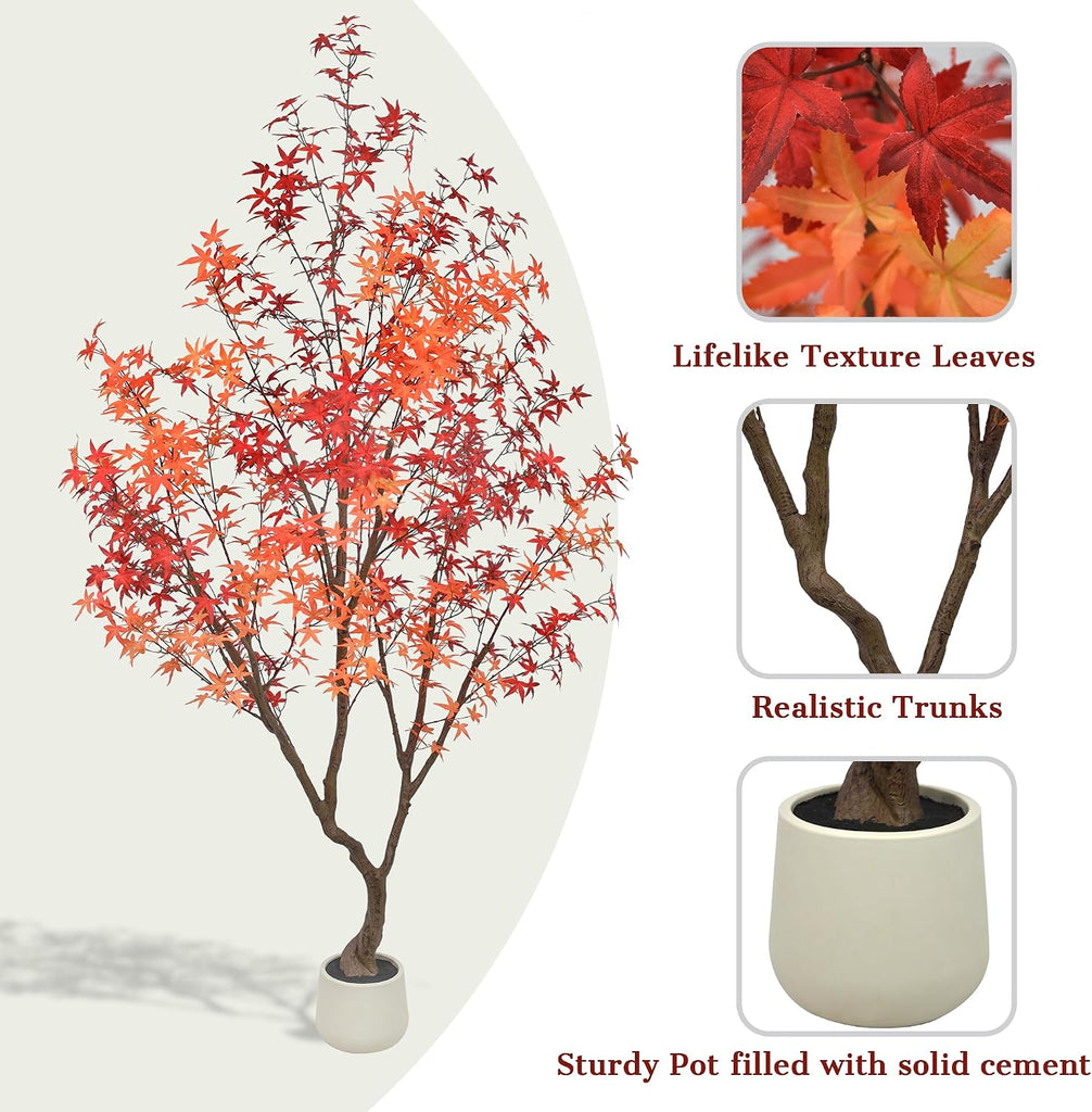 Maple Tree 9FT - Large Faux Plant Indoor with 900 Orange Red Leaves & Realistic Trunk, 108" Tall Fake Autumn Maple
