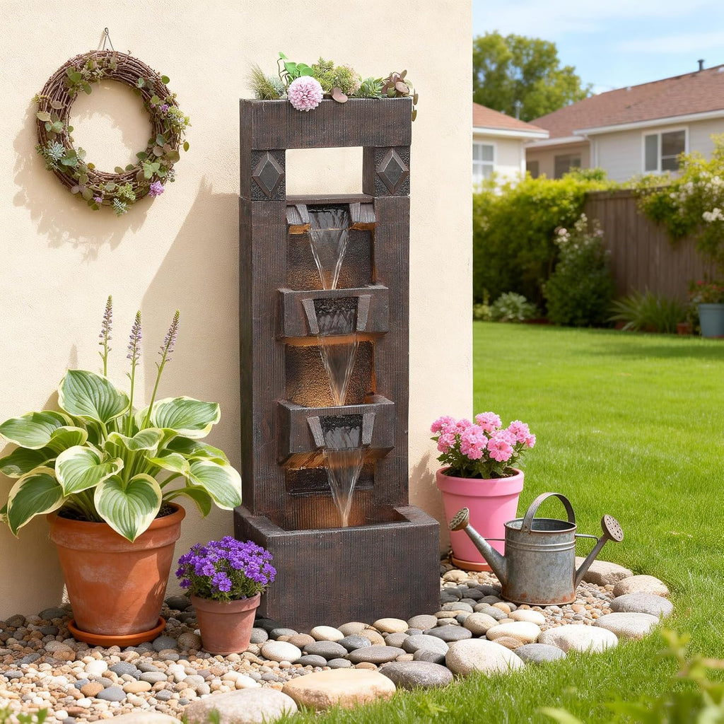 40.9" H 4-Tier Indoor/Outdoor Modern Water Fountain with Led Lights and Pump, Outdoor Freestanding Cascading Waterfall