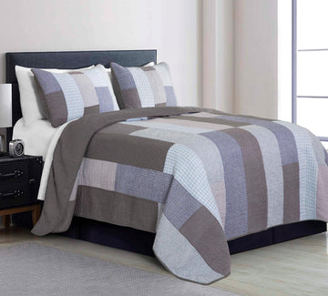 Sora 3-Piece Plaid Checkered Grid Patchwork Stripe Quilt Set - Soft Lightweight 100% Washed Cotton Bedspread for All
