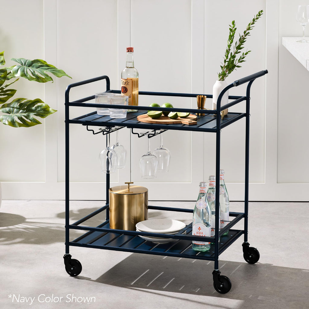 Rolling Bar Cart, Mobile Home Bar Serving Cart, Serving Station w/ 2 Tier Shelves, Wine Rack, Lockable Wheels - Yellow