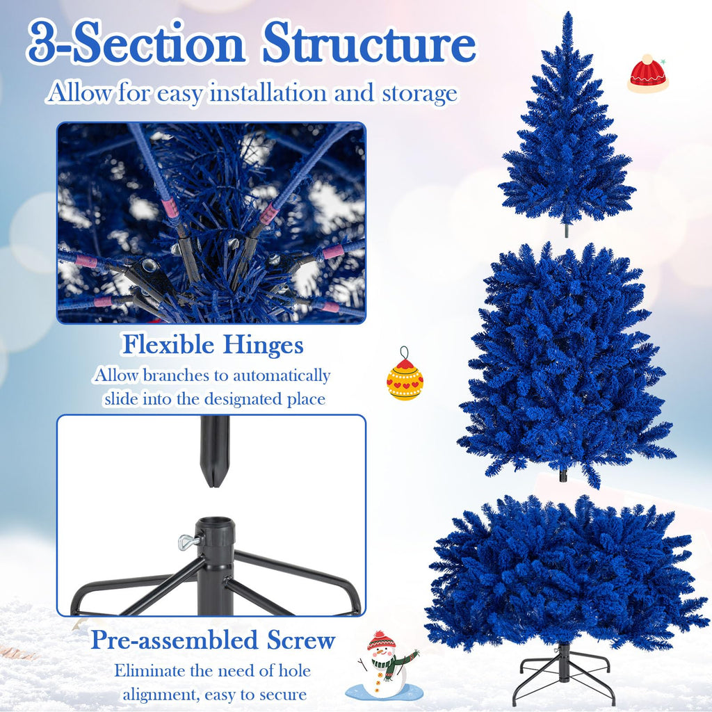 7 FT Pre-Lit Royal Blue Snow Flocked Christmas Tree, Artificial Hinged Xmas Tree with 340 LED Lights, 900 Branch
