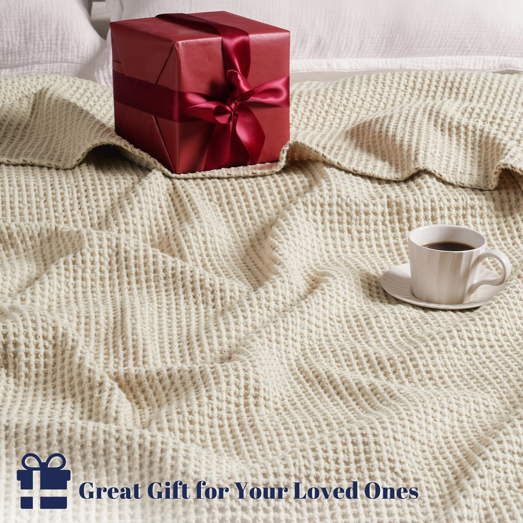 100% Cotton Waffle Blanket Lightweight Breathable, Linen/Stone