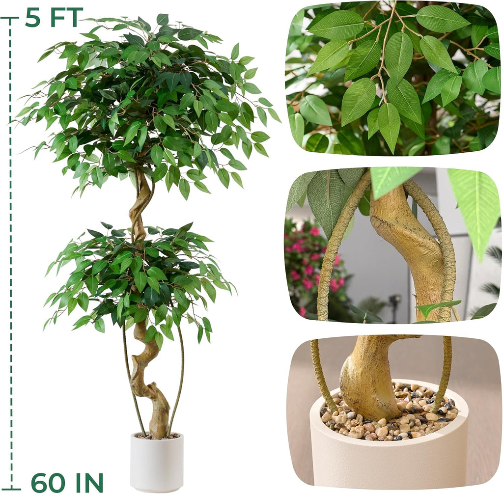 5FT Artificial Ficus Tree, Elegant Faux Topiary Tree in White Pebble Pot