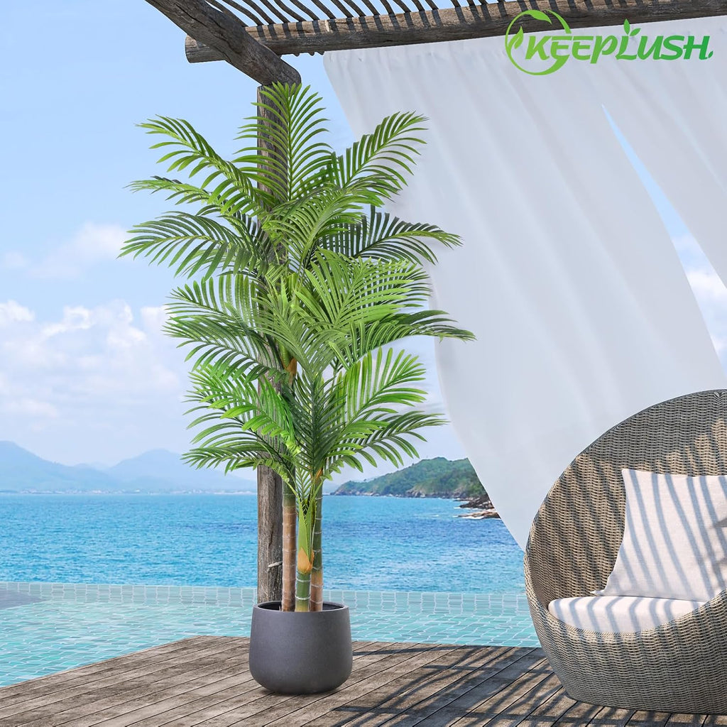 6ft Tall Triple Golden Cane Palm Artificial Tree Large Tropical Palm Tree UV Resistant Fake Plant in Pot Outdoor Big