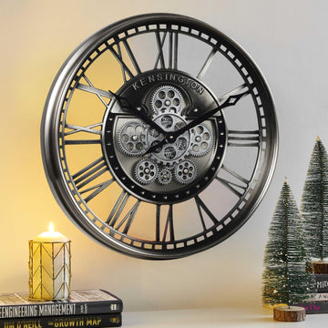 21" Metal Roman Numeral Wall Clock with Moving Gears, Gunmetal