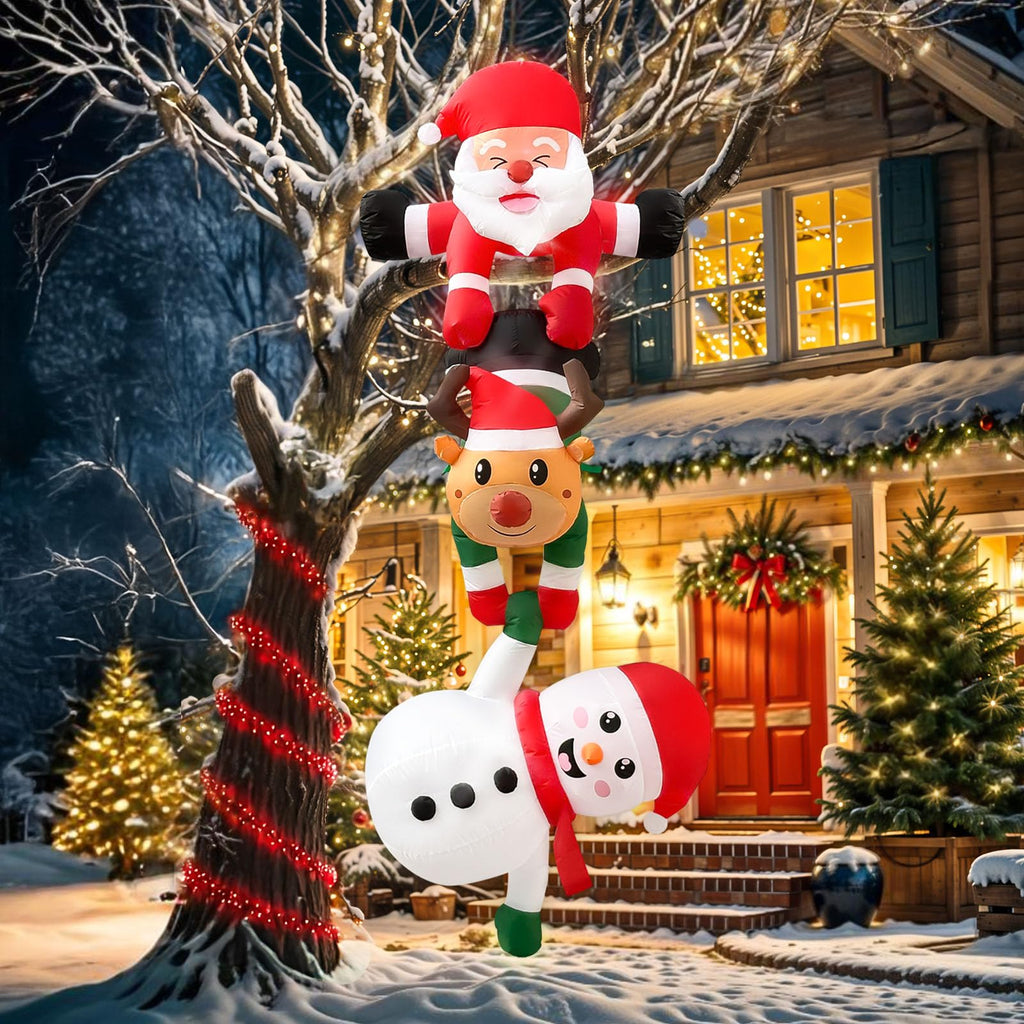 8FT Christmas Inflatables Outdoor, Hanging Santa with Reindeer Roof Decor