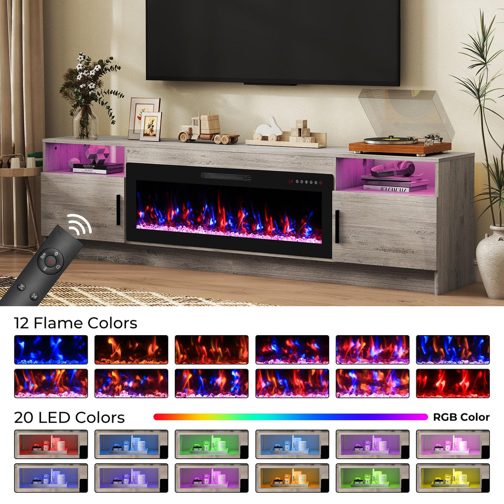 Electric, 80" TV Fireplace Stand Entertainment Center Console with 42" Electric Heater, LED Light/Storage Cabinet