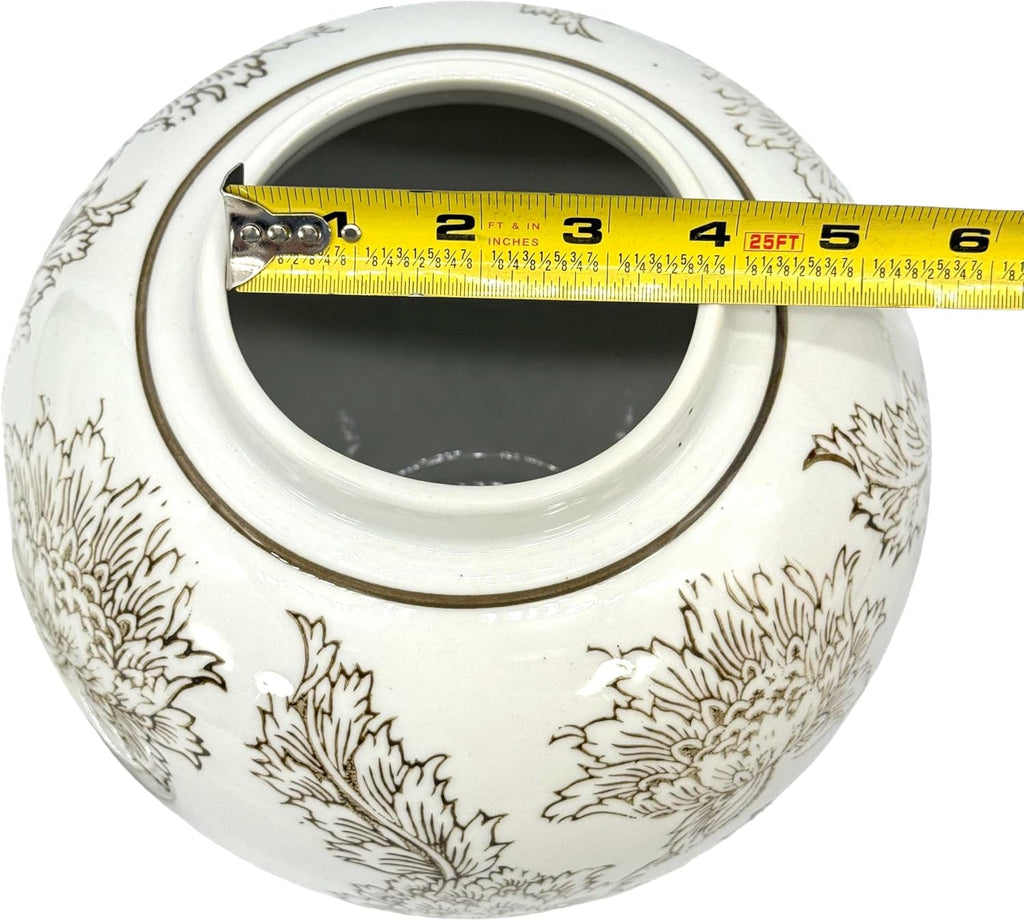 White & Brown Flower Chinoiserie Round Ginger Jar 10" with Lid - Ginger Jar, Decorative, Home Decor Jar
