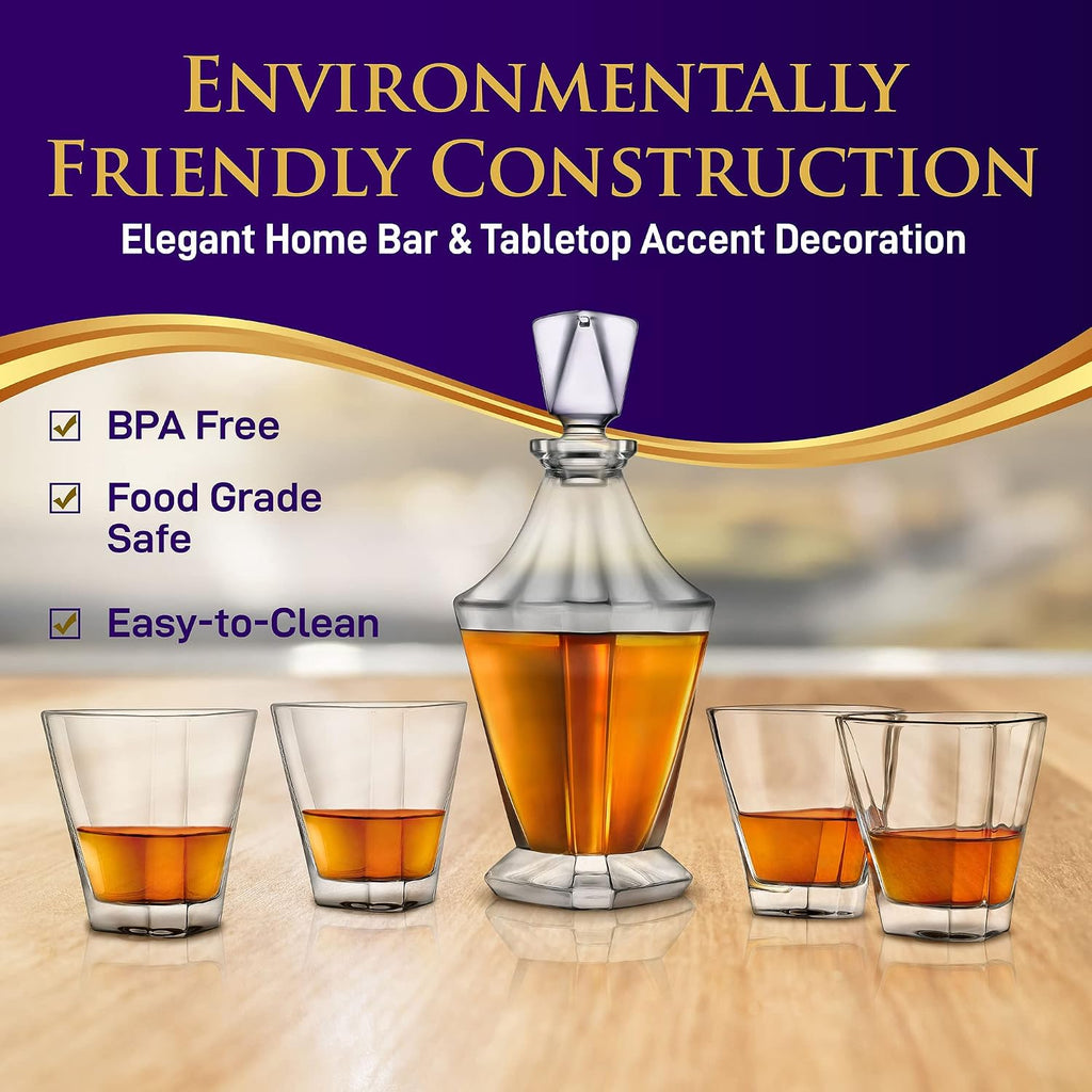Whiskey Decanter Set with Glasses - Clear Glass Aerating Decanter with Stopper, Naturally Enhances Flavor & Aroma