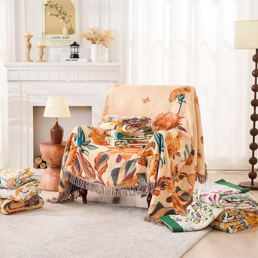 Boho Throw Blanket for Bed, 100% Cotton Soft Rustic Quilt Fall Blanket, 90"x98" Floral Printed Farmhouse Decor Bed