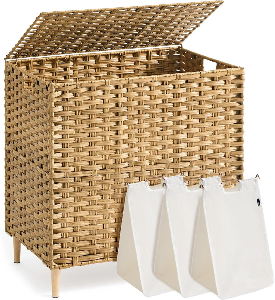 3-Section Laundry Hamper with Lid, 42.2 Gal (160L) PE Rattan Laundry Basket with Removable Washable Liners, Goose