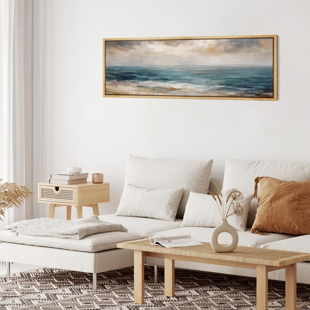 Large Framed Canvas Print Wall Art Coastal Ocean Waves Landscape Soft Neutral Seascape Antique Retro Ready to Hang