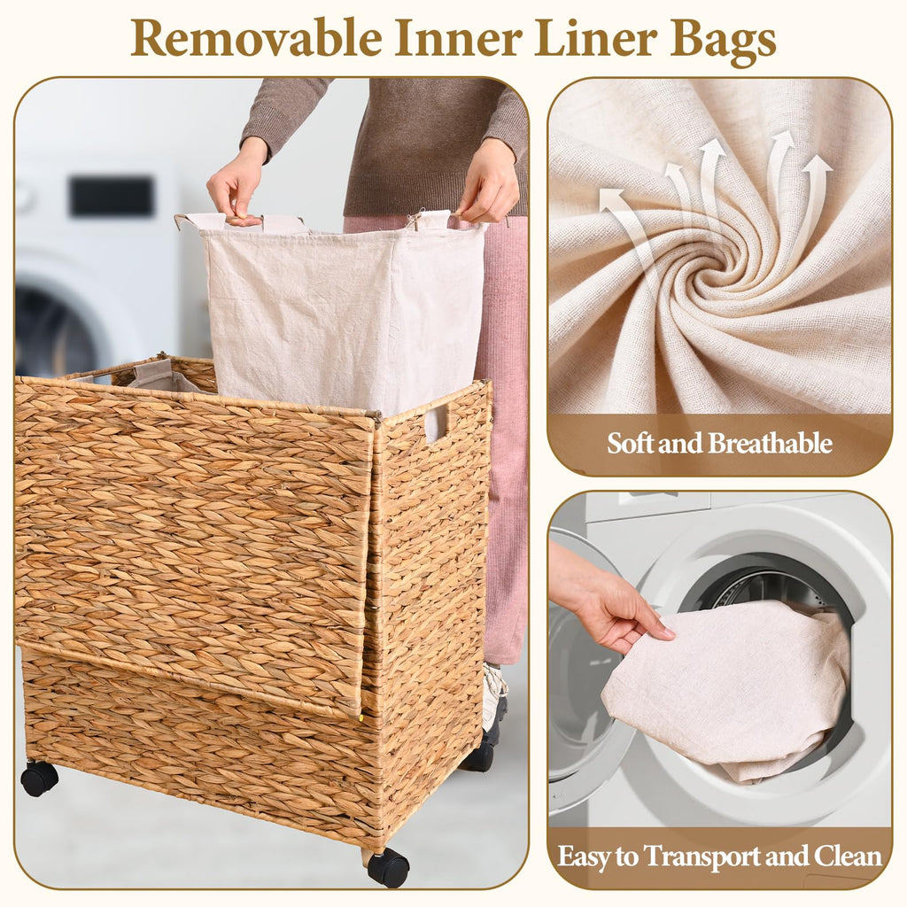 Wicker Laundry Hamper with Lid & Wheel, Rattan Laundry Basket, 120L