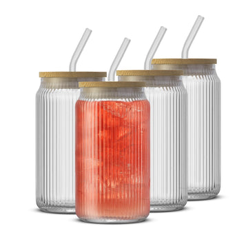 Fluted Glass Tumblers with Bamboo Lids and Glass Straws, Ribbed Can Shaped Drinking Glasses Set of 4, 16oz Cup with