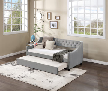 Twin Size Upholstered Daybed with Trundle, Sturdy Wood Daybed Frame with Tufted Button & Copper Nail on Arms Design