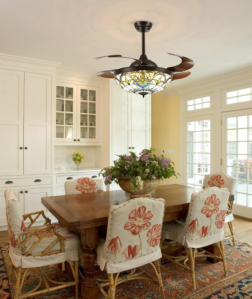 42" Tiffany Ceiling Fans with Lights Stained Glass Ceiling Fan Retractable Chandelier Fan with Remote Control