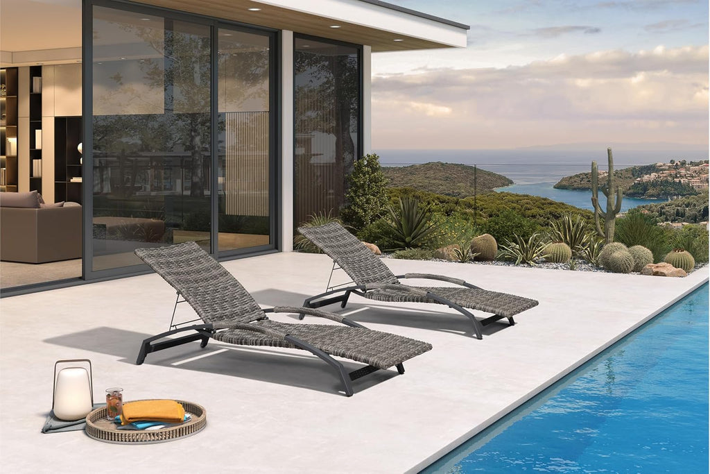 Pool Chaise Lounge Chair Set of 2 Wicker, Light Gray | Built to Last, Enjoy for Years, Anti-Scald Curved Armrests