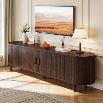 65" Mid Century Modern TV Stand with Power Outlet, Fluted Entertainment Center with Storage and Adjustable Shelves