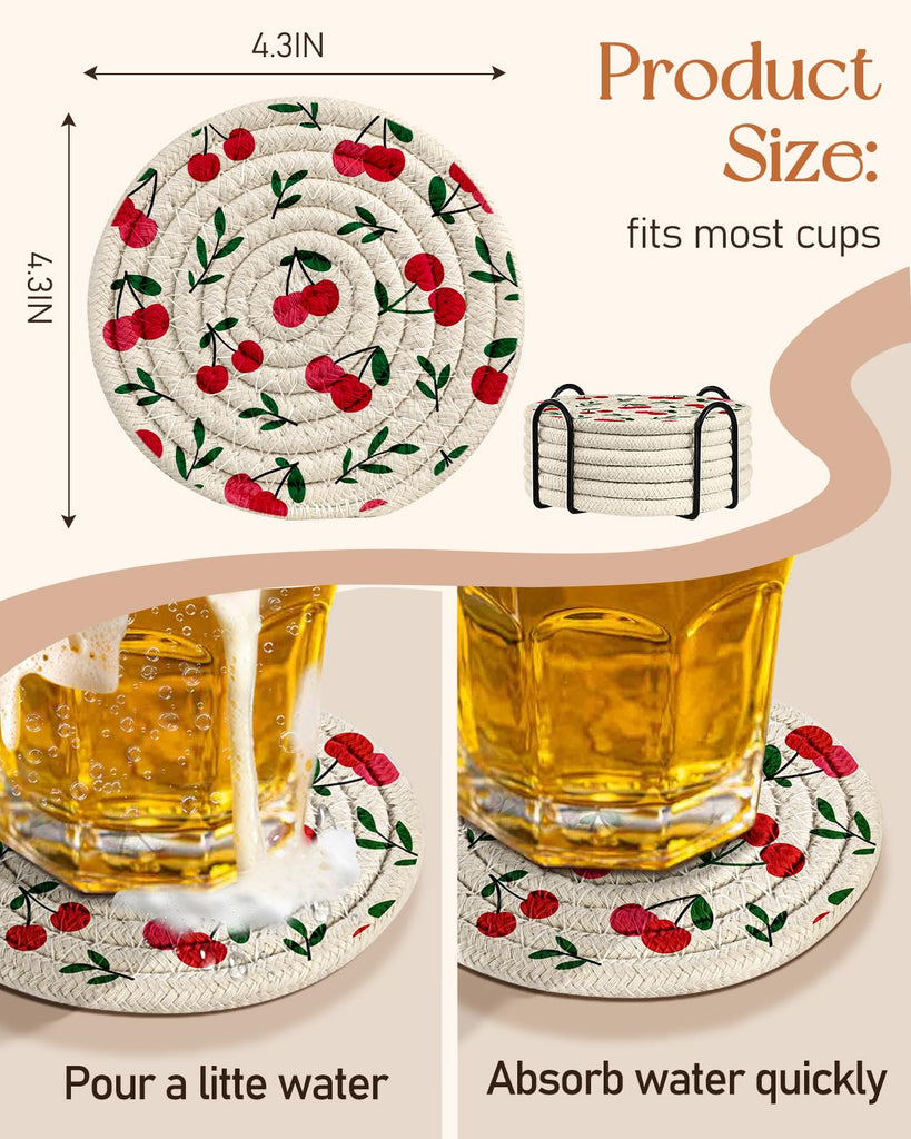 Absorbent Cup Coasters Set of 6 with Holder, Cherry