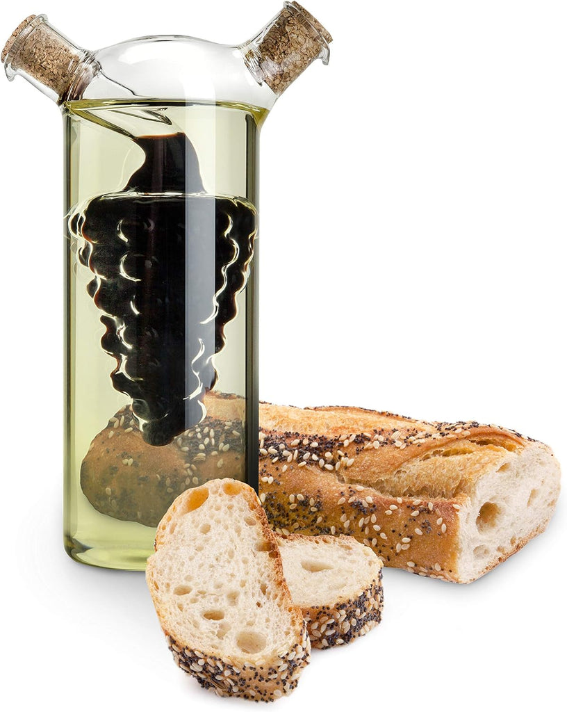 2-In-1 Oil and Vinegar Cruet Bottle with Cork Stoppers, Olive Oil and Balsamic Vinegar Dispenser, Hand Blown Glass