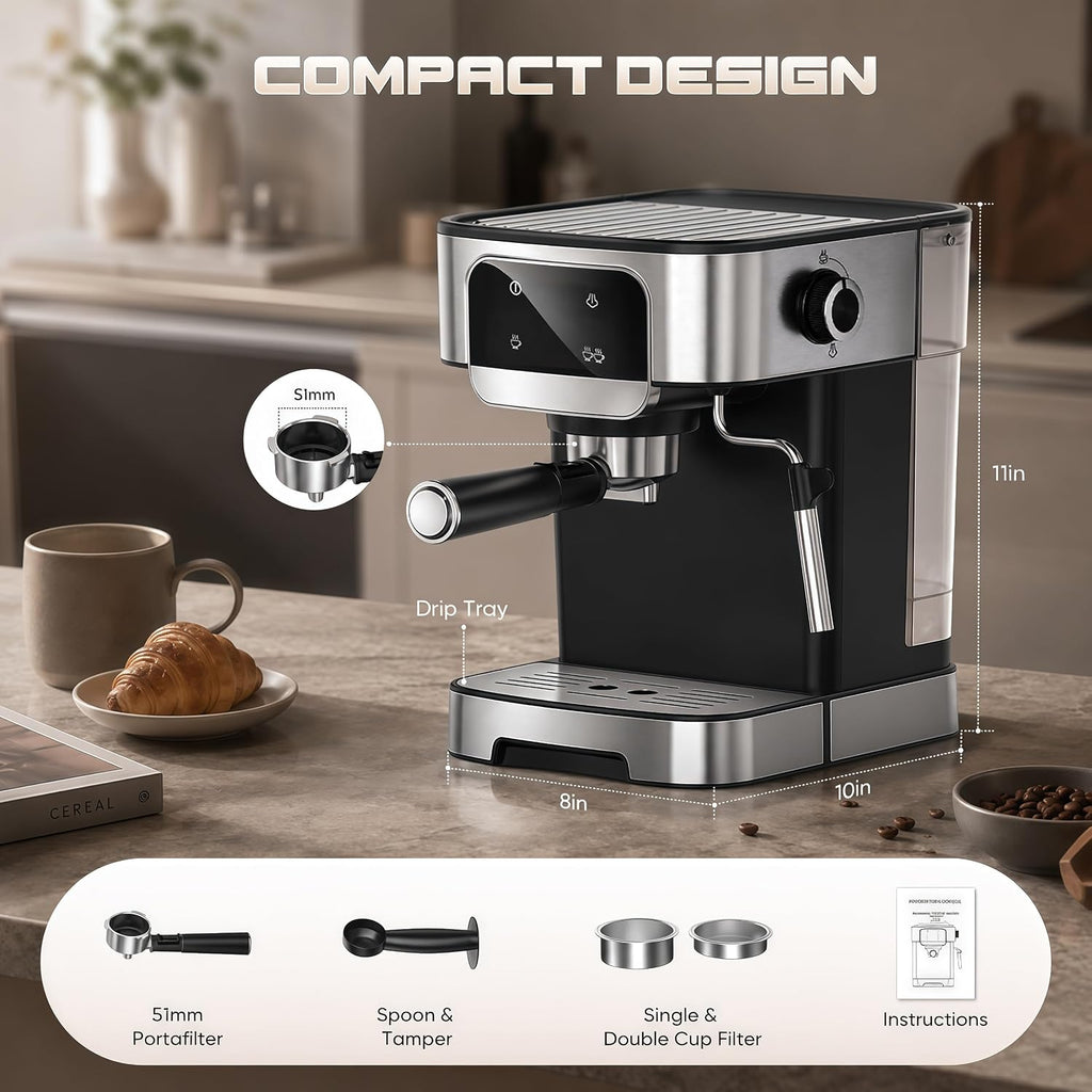 Compact 20 Bar Espresso Machine with Milk Frother & Touch Screen | 1200W Coffee Maker with 61OZ Removable Water Tank