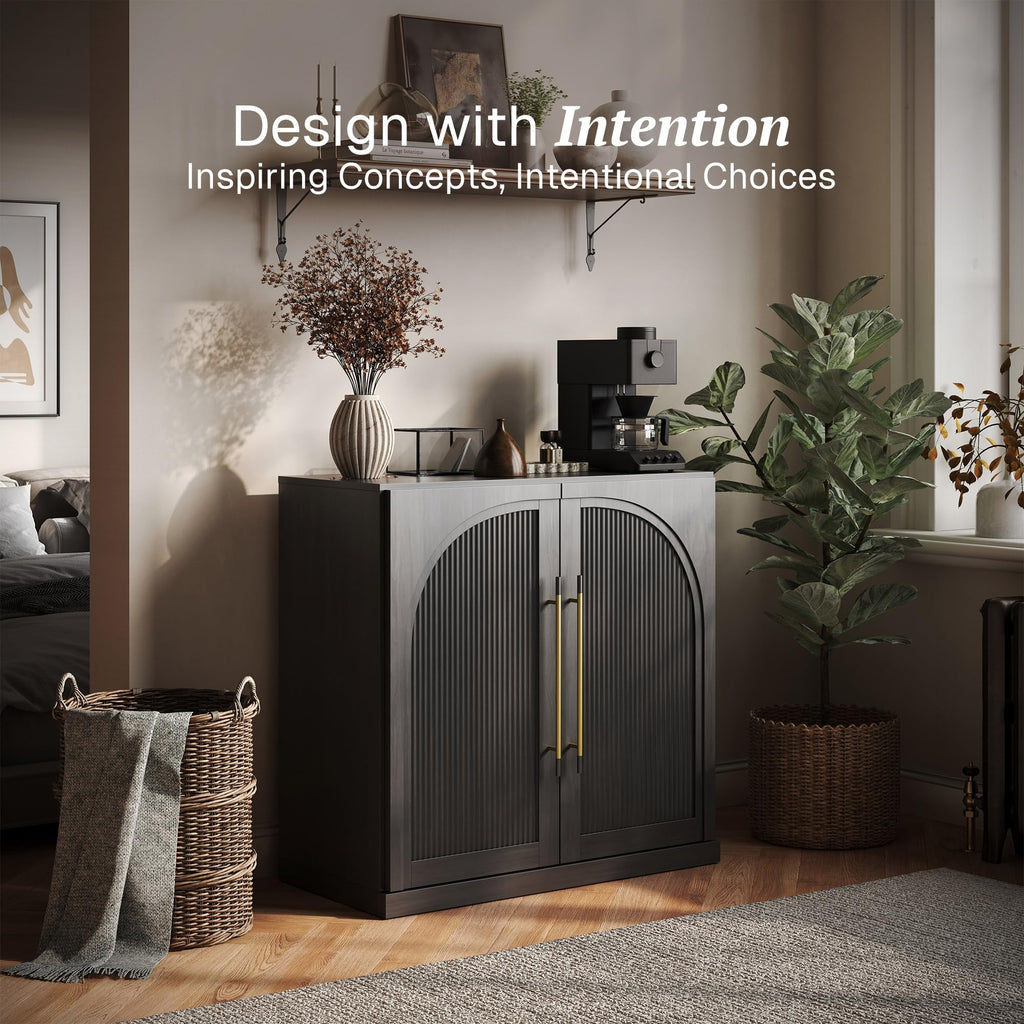 32.5" Kitchen Storage Cabinet with Adjustable Shelves, Freestanding Accent Cabinet with Fluted Arched Design & Gold