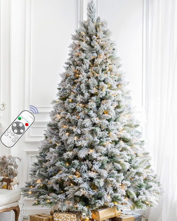 Pre-lit Snow Flocked Christmas Tree Spruce with Remote Control, 600 Warm White Multi-Color Lights, Artificial