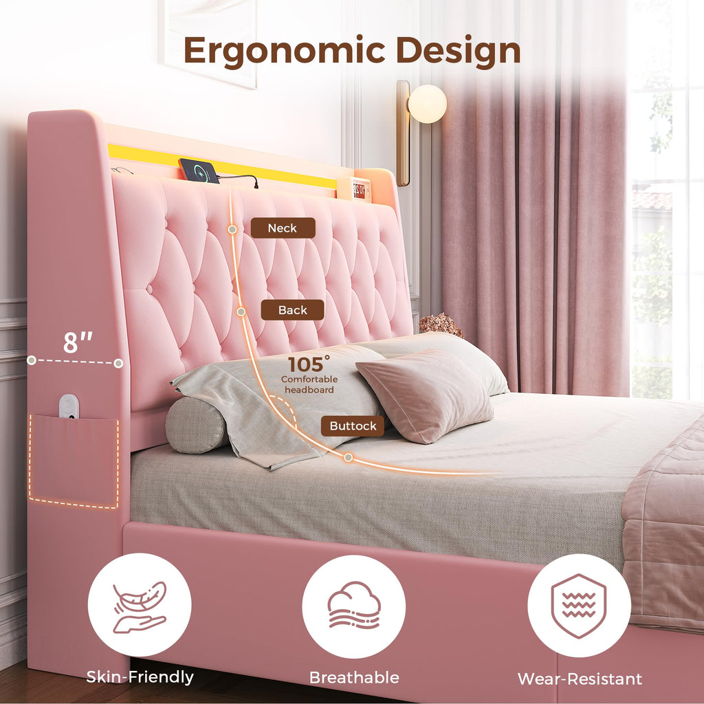 Full LED Velvet Bed Frame with 2 Storage Drawers&Hidden Headboard, Upholstered Platform Bed with Charging