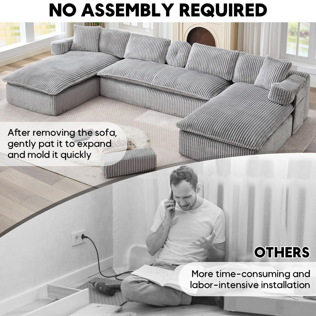 149" Oversized Cloud Boneless Couch with Chaise, Modern U Shape Modular Deep Seat Sectional Sofa, Comfy Corduroy