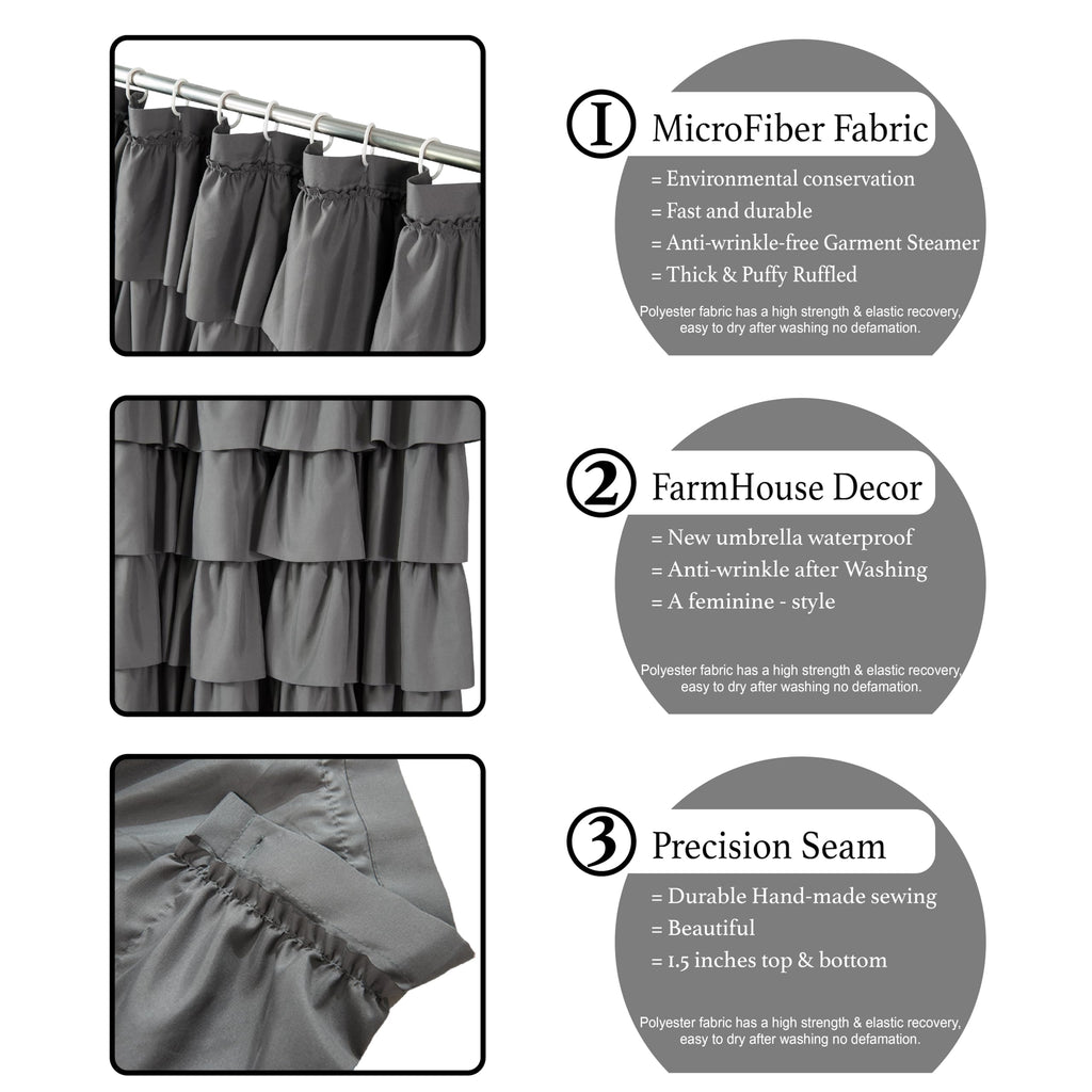 Gray Ruffle Shower Curtain, 72 x 84, Machine Washable Fabric