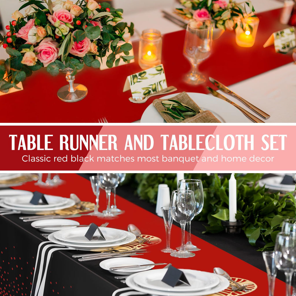24 Pack Black and Red Tablecloths and Satin Runners Set