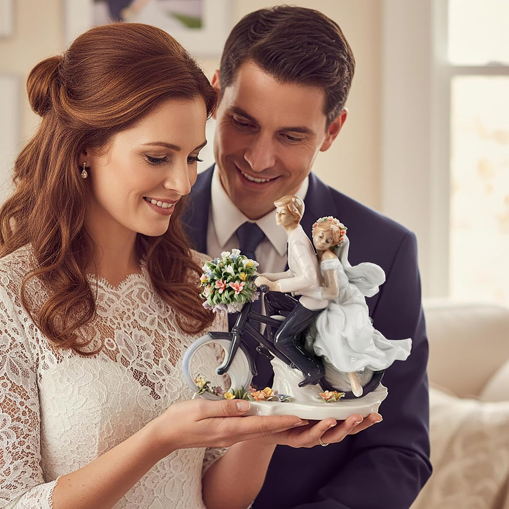 Porcelain Figurine, Lovers on Bicycle, Memorabilia, Wedding Gifts, Statue Home Decor (No Flower Base)