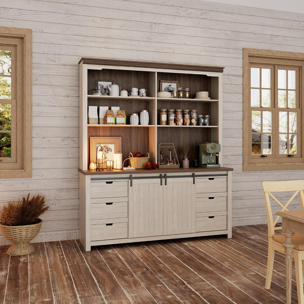 78.8" H Farmhouse Kitchen Hutch Cabinet with 3-Tier Open Shelves, Storage Pantry Cabinet with Wide Countertop, 6