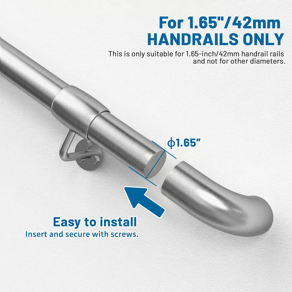 Handrail 90° Wall Returns 2 Pcs, 304 Stainless Steel Railing Endcap Indoors Outdoors, Easy Drill-Free Installation