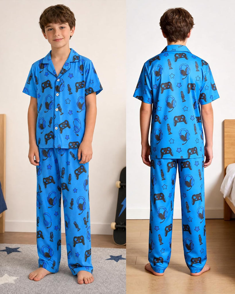 Boys Pajamas Big Boys Pjs Set Short Sleeves and Pants Sleepwear for Kids Button-Down Jammies Loungewear