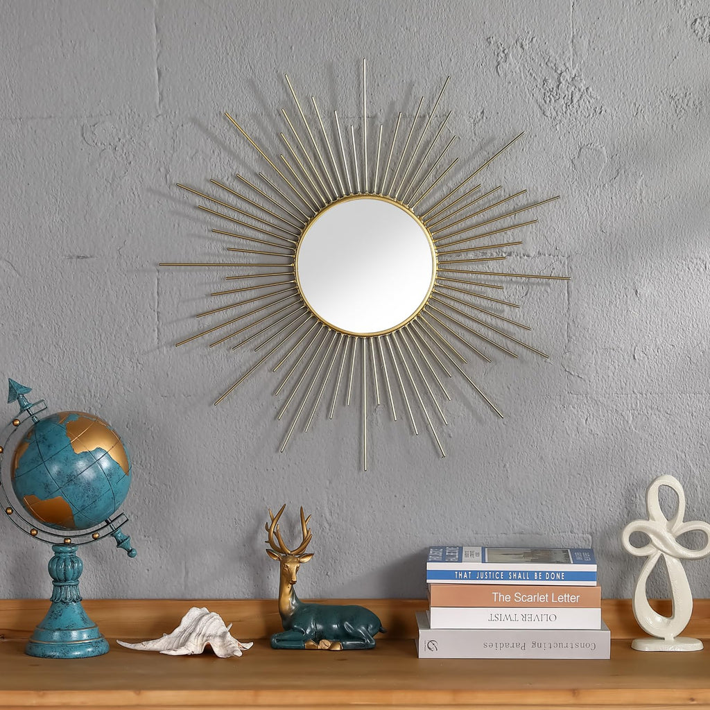 24'' Large Gold Sunburst Mirror, Metal Starburst Mirrors, Mid-Century Modern Sun Mirror Wall Decor, and Entryway