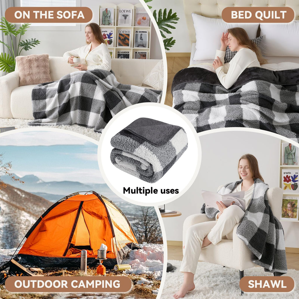 Checkered Sherpa Fleece Throw Blanket for Couch & Bed, Grey 50x60