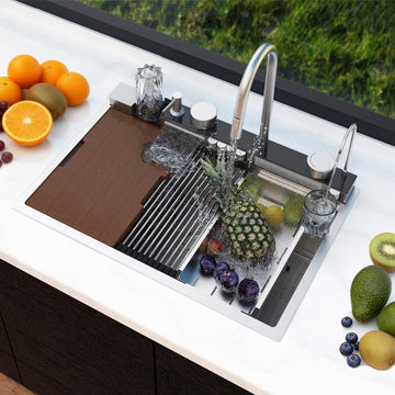 Drop Sink Smart Waterfall Workstation Kitchen Sink 31.5 x 17.7 Inch 16 Guage Stainless Steel Single Bowl