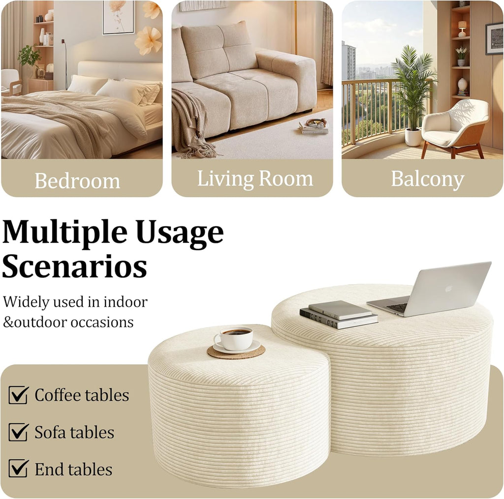 Round Nesting Coffee Table Set of 2,Upholstered Foam Ottoman Footrest Side Table Set,Modern Flannel Circle Coffee