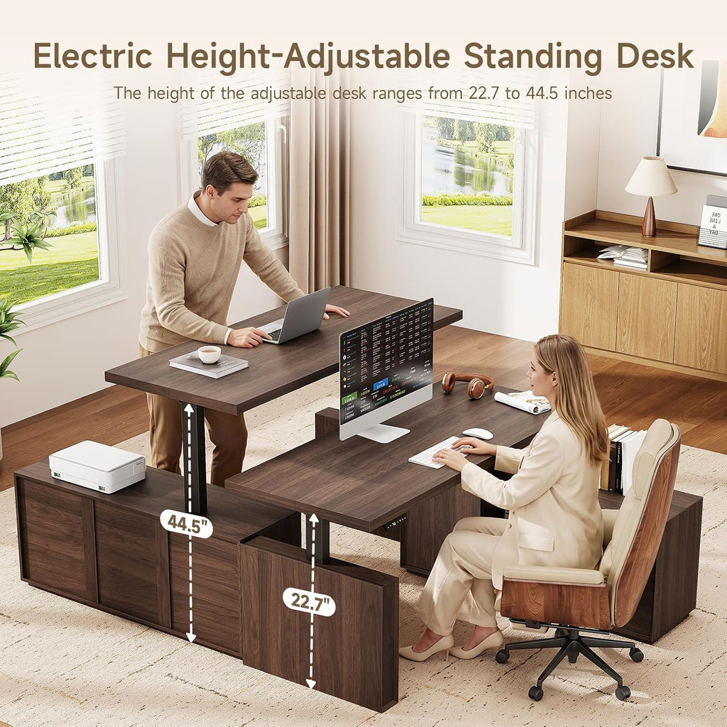 55" L Shaped Standing Desk w/File Cabinet, Sit Up Desk, Walnut | Electric Corner Desk with Drawers & Height