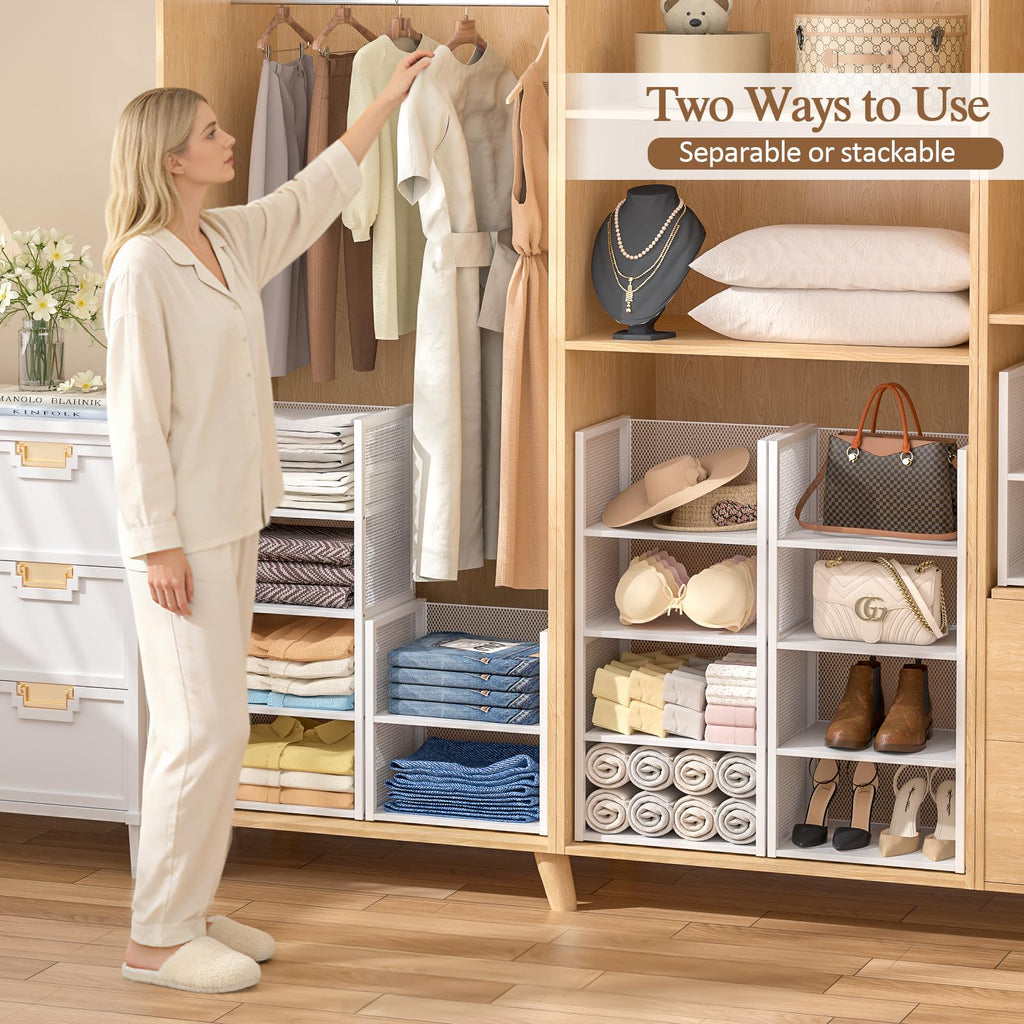 4-Tier Stackable Closet Organizers and Storage Basket, Wire Clothes Shelf Organizer Bins, Sweater Storage for